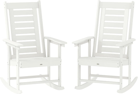 Outsunny Outdoor Rocking Chairs Set of 2 HDPE Patio 28" High Back White | Wide Armrests, All-Weather Slatted Porch Rockers, Garden, Balcony, Fire Pit