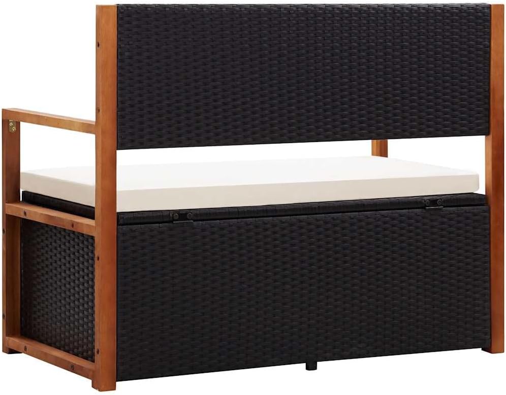 45.3" Storage Bench Poly Rattan and Solid Acacia Wood Outdoor Garden Bench with Interior Storage and Removable Cushion for Patio Deck Porch Black and Natural