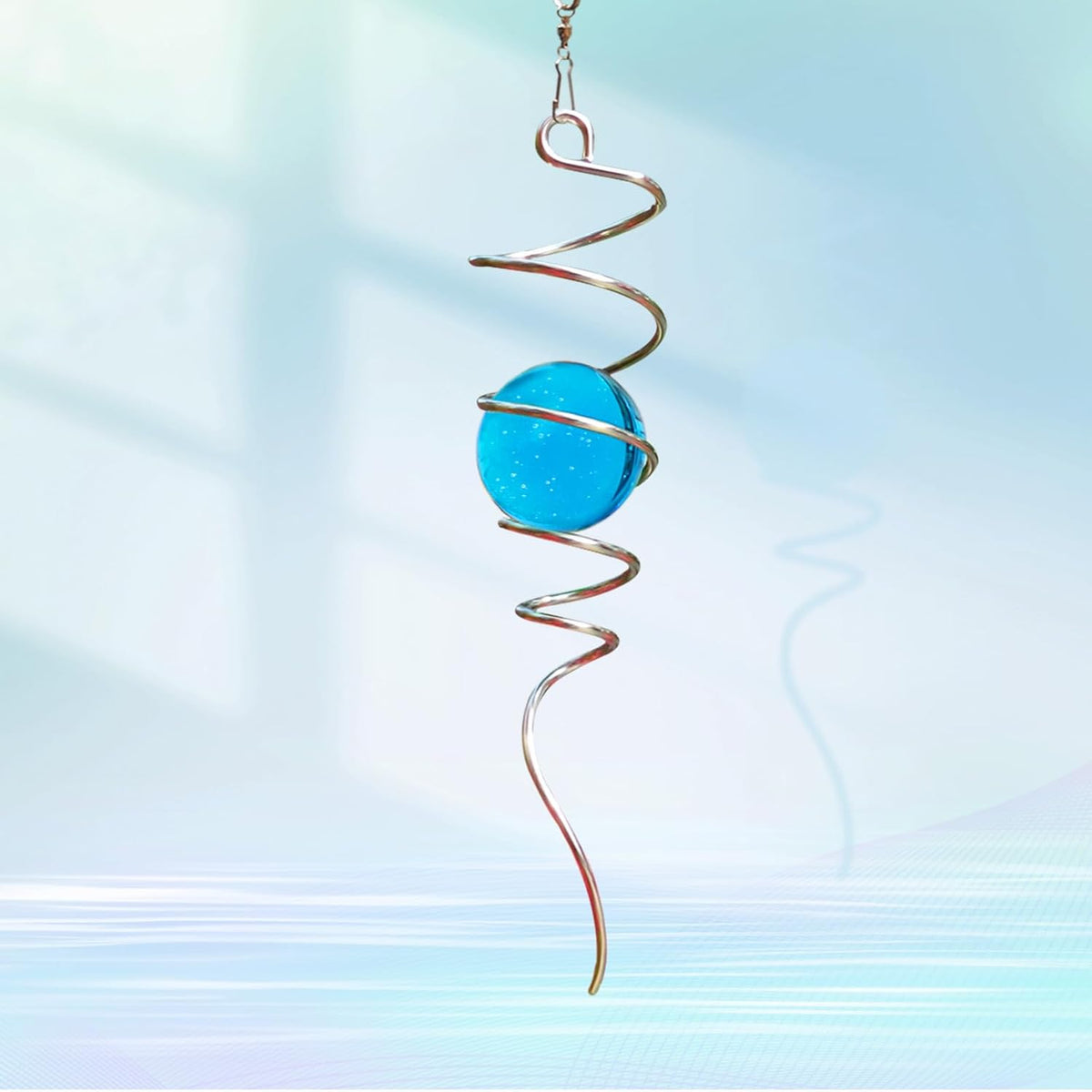 Gazing Ball Spiral Tail with 11inch Tail and 2inch Blue Glass Orb, Wind Spinner Stabilizer with Swivel Hook. Sun Catcher Rainbow Maker Hanging Decor for Garden Home Indoor Outdoor 13" H