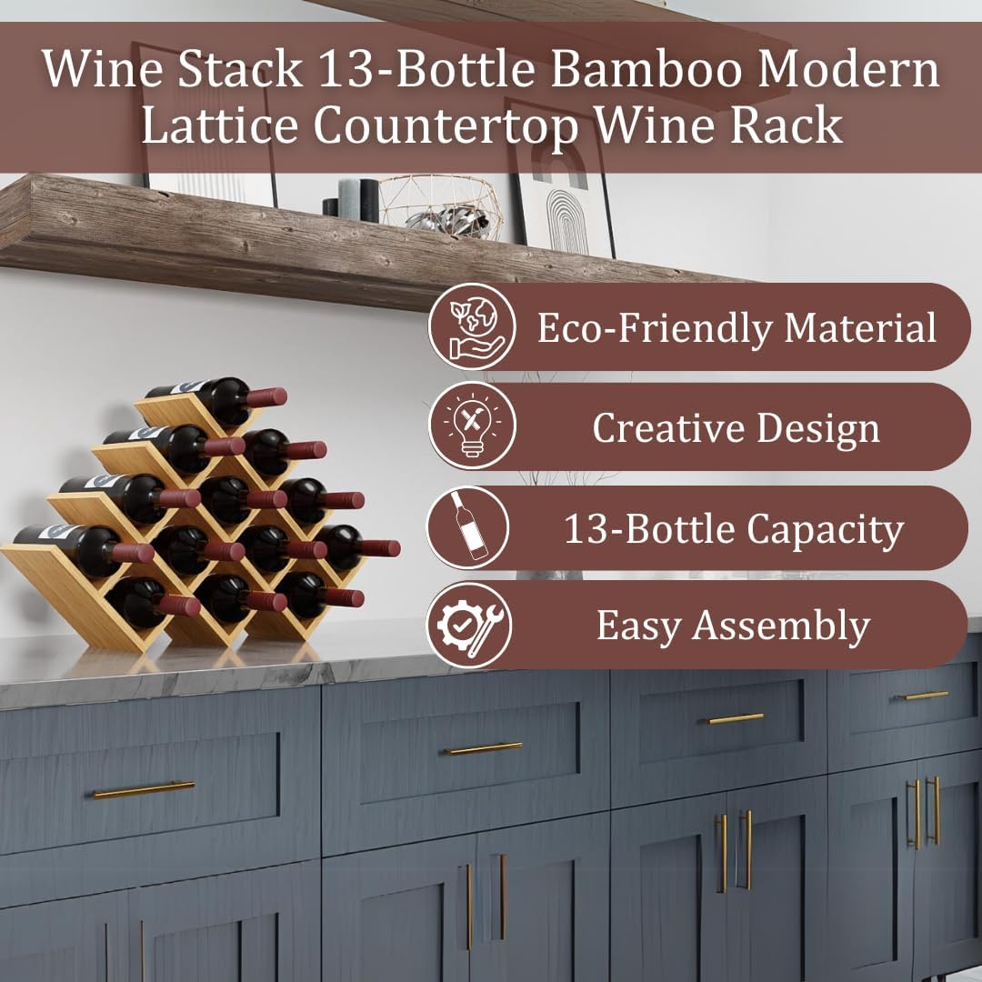 13 Bottle Bamboo Small Wine Rack for Countertop, No Tools Assembly, Modern Lattice Design, Durable, Wine and Liquor Bottle Storage for Small Spaces