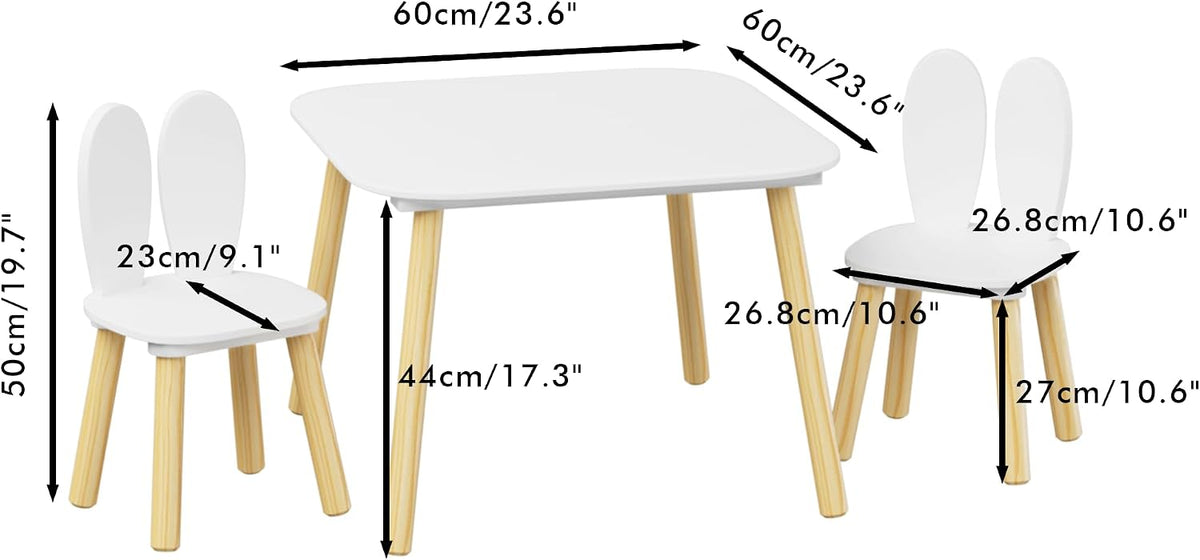 Rabbit Ear Kids Table and Chairs Set for Toddlers - White Wooden Childrens Play Table with 2 Chairs, 23.6 inch Kids Desk with Rounded Corners for Playroom (Solid Wood+MDF, White(Rabbit Ear))