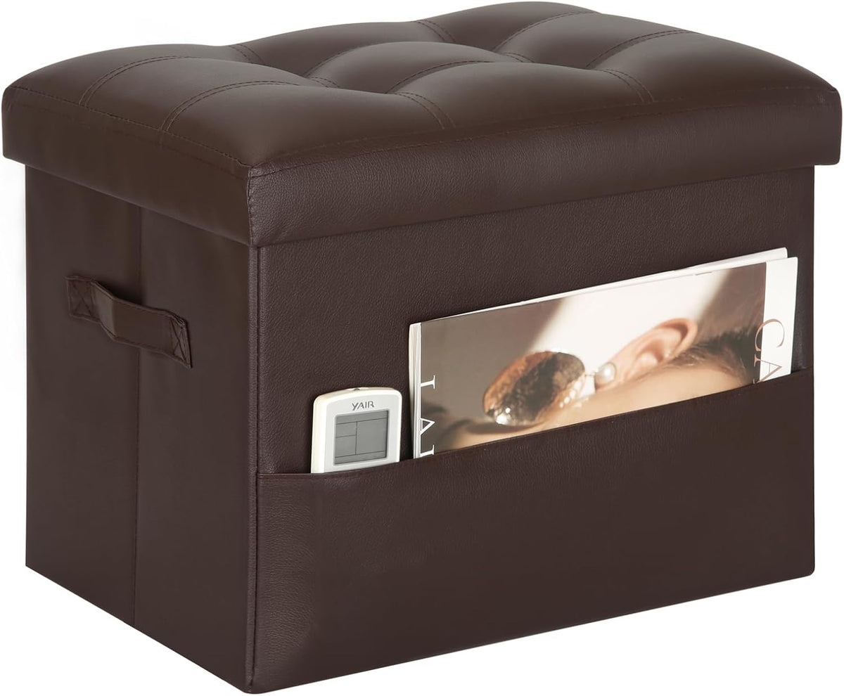 BelugaHelper Storage Ottoman Foot Rest Stool, Foldable Leather Footstool Storage Bench with Thicker Foam Padded Seat. Foot Rest Under Desk for Living Room Bedroom 350 lbs, 17x13x13 in, Brown