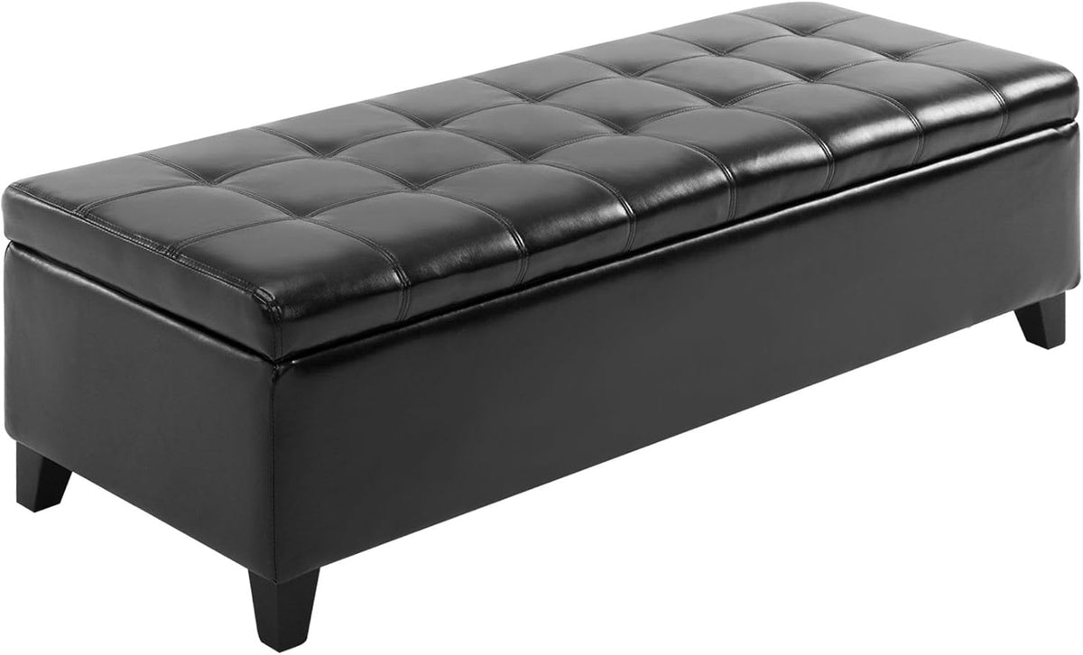 51inches Rectangular Tufted Faux Leather Storage Ottoman Black Stylish Luxury Contemporary Comfortable Durable Modern Elegant
