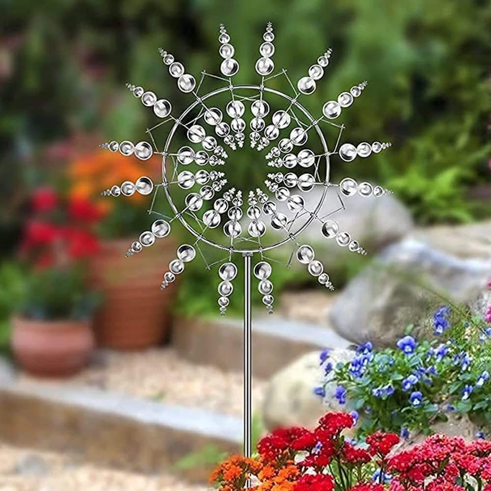 Unique and Magical Metal Windmill, 3D Wind Kinetic Sculpture, Wind Spinner Solar, Lawn Solar Wind Spinners for Yard and Garden, Wind Catchers Metal Outdoor Patio Decoration (1 PCS -Silver)