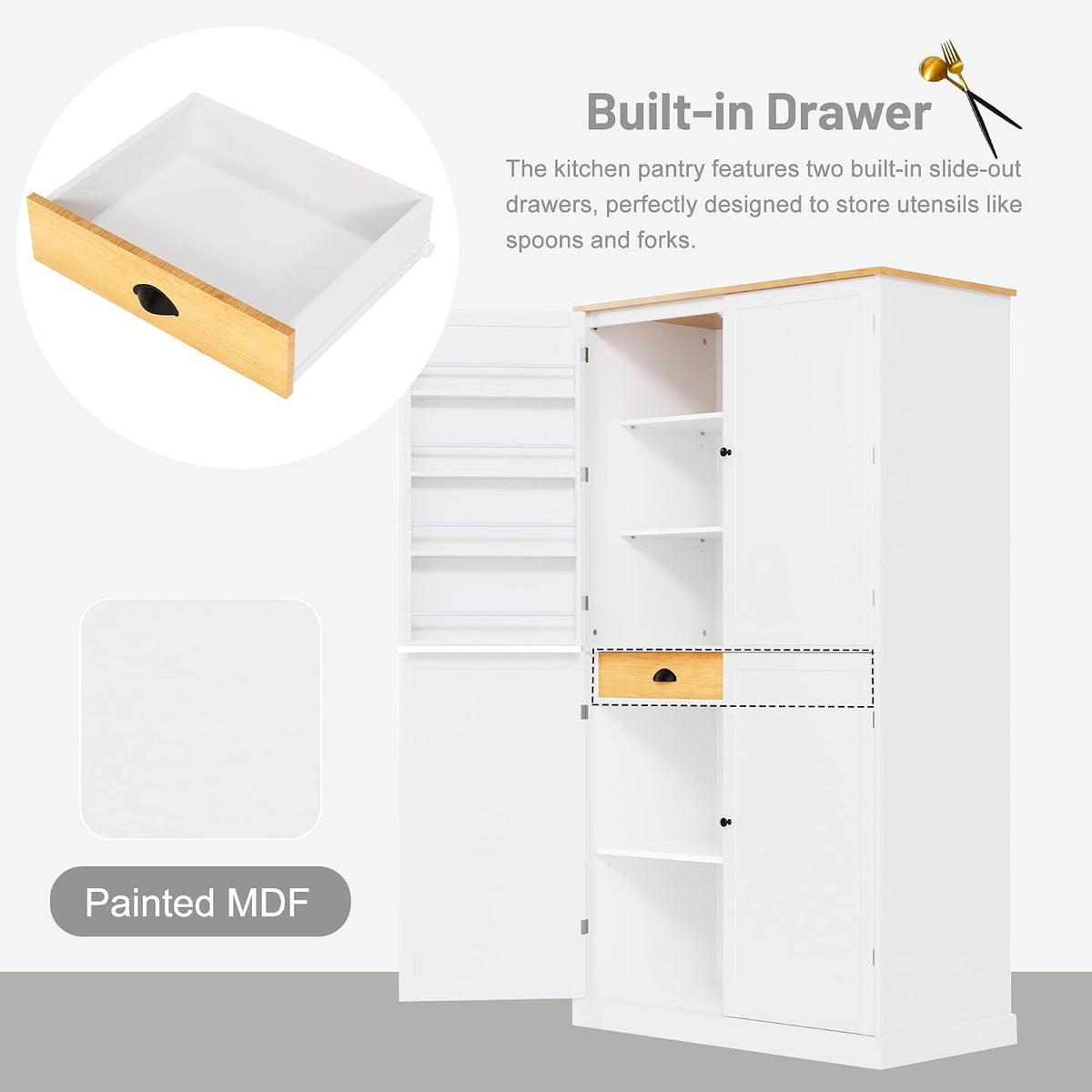 71.3 Inch Tall Freestanding Kitchen Pantry Cabinet, Large Food Storage Cupboard with 2 Drawers, 2 Adjustable Shelves and 8 Door Shelves, Utility Storage Cabinet for Kitchen & Dining Room,White