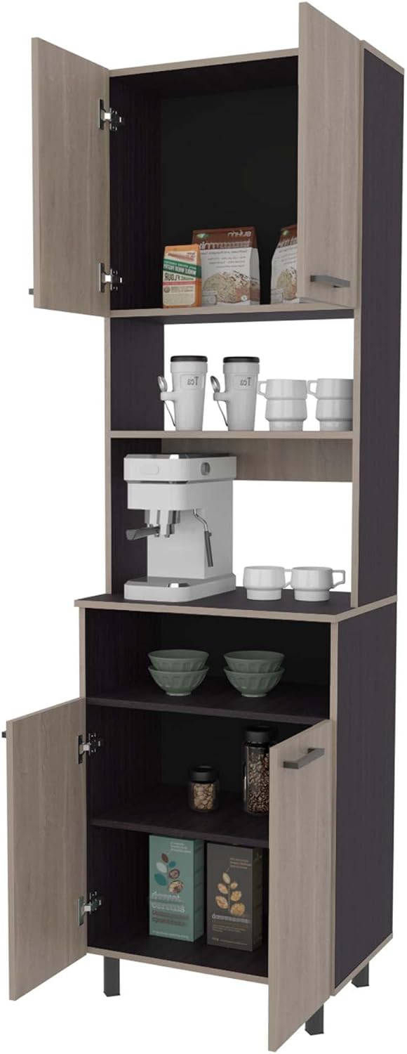 White Oak and Wengue Kitchen Pantry with Open Storage and 4 Doors | Combines white oak and wengue finishes with four doors and open storage