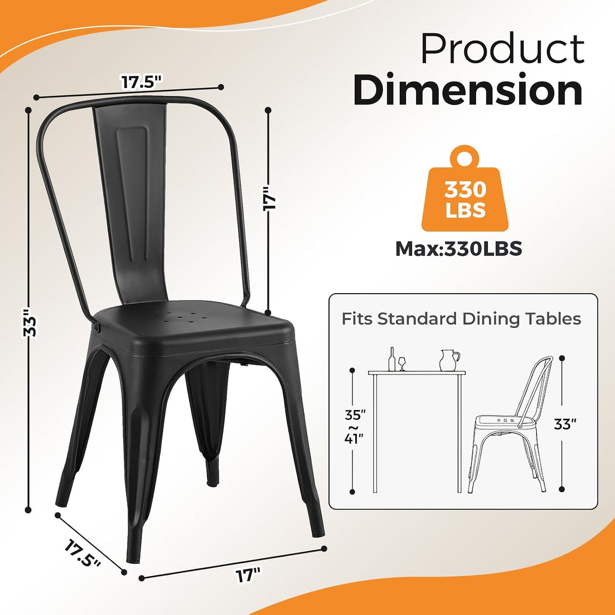 Matte Black Stackable Metal Dining Chairs, Set of 8 | Modern Style, Space Saving, Stackable, Indoor Outdoor, Kitchen, Cafe, Restaurant, Patio