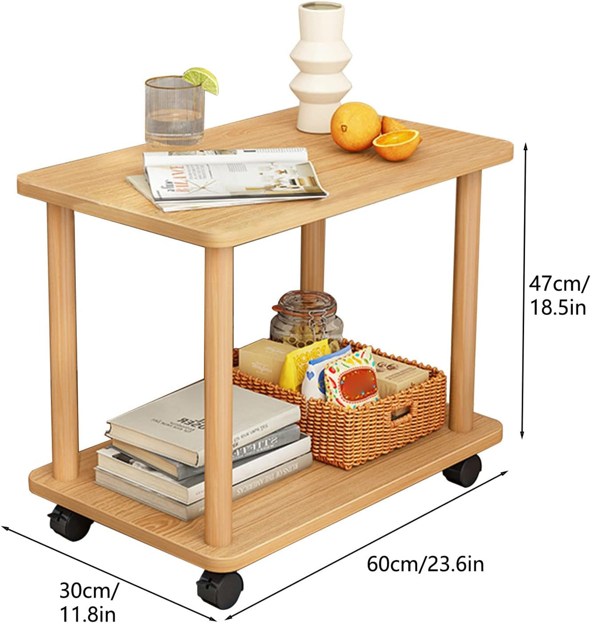 Sofa Side Table with Wheels,Wooden Night Stand with Open Shelf,2 Tier Small Rolling Tea Cart and Coffee Cart for Living Room,Kitchen, Bedroom, Office (Modern)