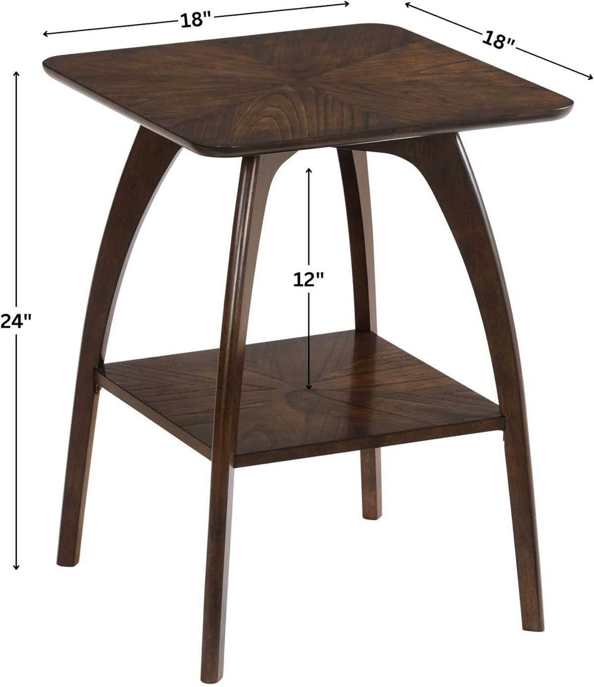 Sandstone Home LAX Mid-Century Modern Square End Table with Starburst Top – 18” Accent Table with Shelf, Rich Espresso Brown Finish, Retro Side Table or Nightstand for Living Room or Bedroom