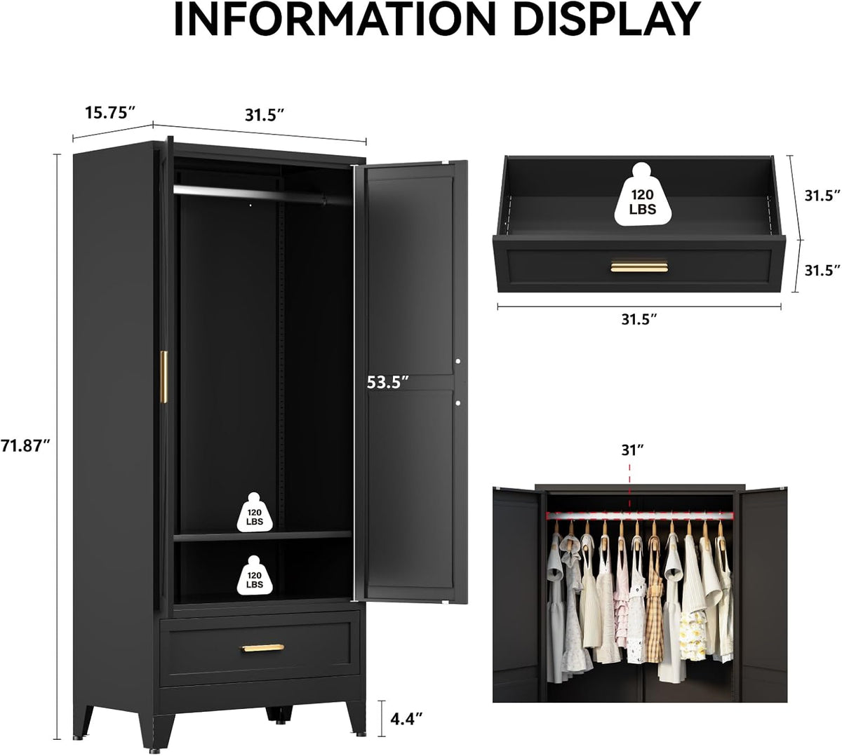 COFaR 71 Farmhouse Metal Wardrobe Closet with Hanging Rod, 2 Barn Doors, Adjustable Shelves, Steel Armoire with Drawer for Home, Bedroom Black