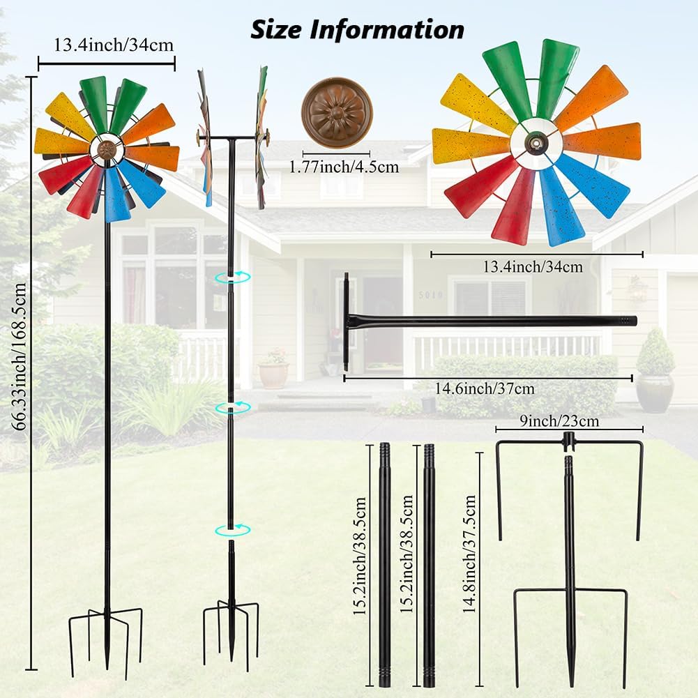 Stargarden Wind Spinners Outdoor, 13.4 Inch Kinetic Pinwheels, Colorful Metal Garden Spinners Double Windmill for Yard, Lawn, Patio