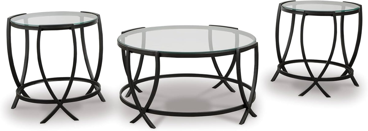 GTU Furniture Contemporary Glass Round 3-Piece Coffee Table Set, Cocktail Table with 2 Matching End Tables, Black Finish for Living Room
