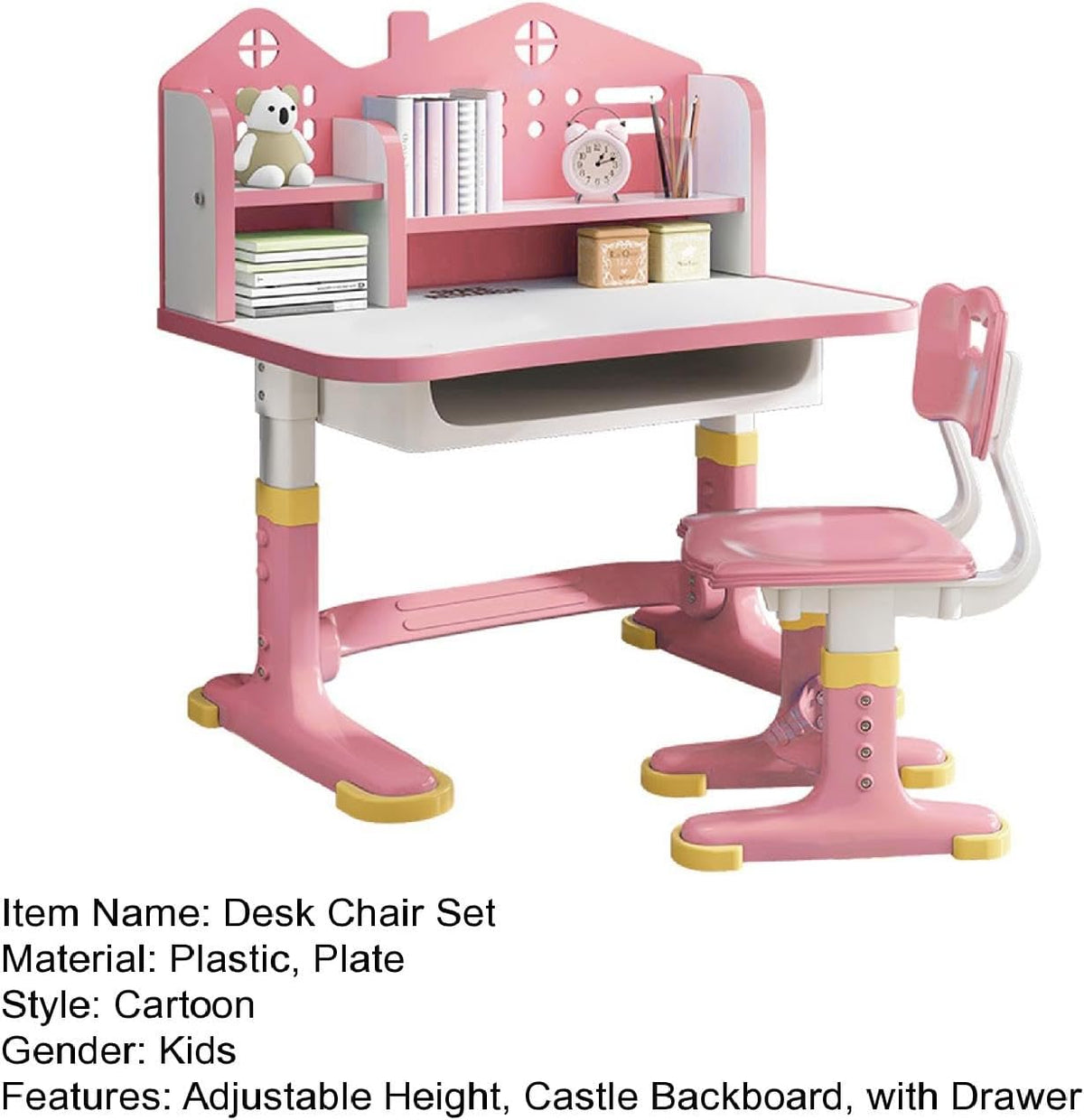 Kids Functional Desk Chair Set,Kids Desk and Chair Set, Height Adjustable Children School Study Desk with Castle Backboard, Widened Desktop, Bookstand and Storage Drawer (Pink)