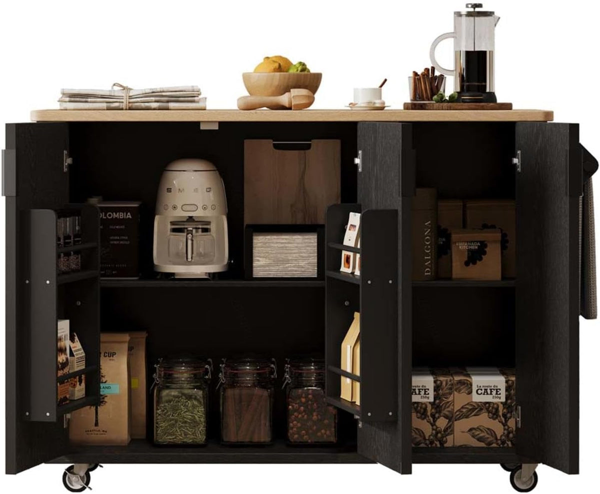 Kitchen Island with Drop Leaf with Drop Leaf Height-Adjustable Shelves, Kitchen Table with Storage with Wheels Towel Rack， for Kitchen, Dining Room, Black