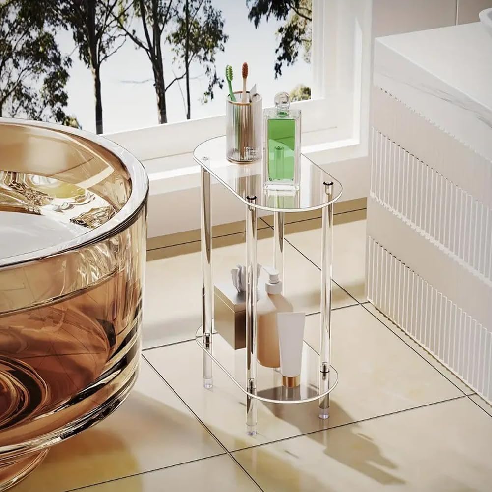 Modern Clear Acrylic Narrow Side Table for Small Spaces, 15.55" L x 7.87" W x 19.68" H, 2 Tier Oval End Table Nightstand, Small Bedside Table for Bedroom, Bathroom, Living Room(Oval)