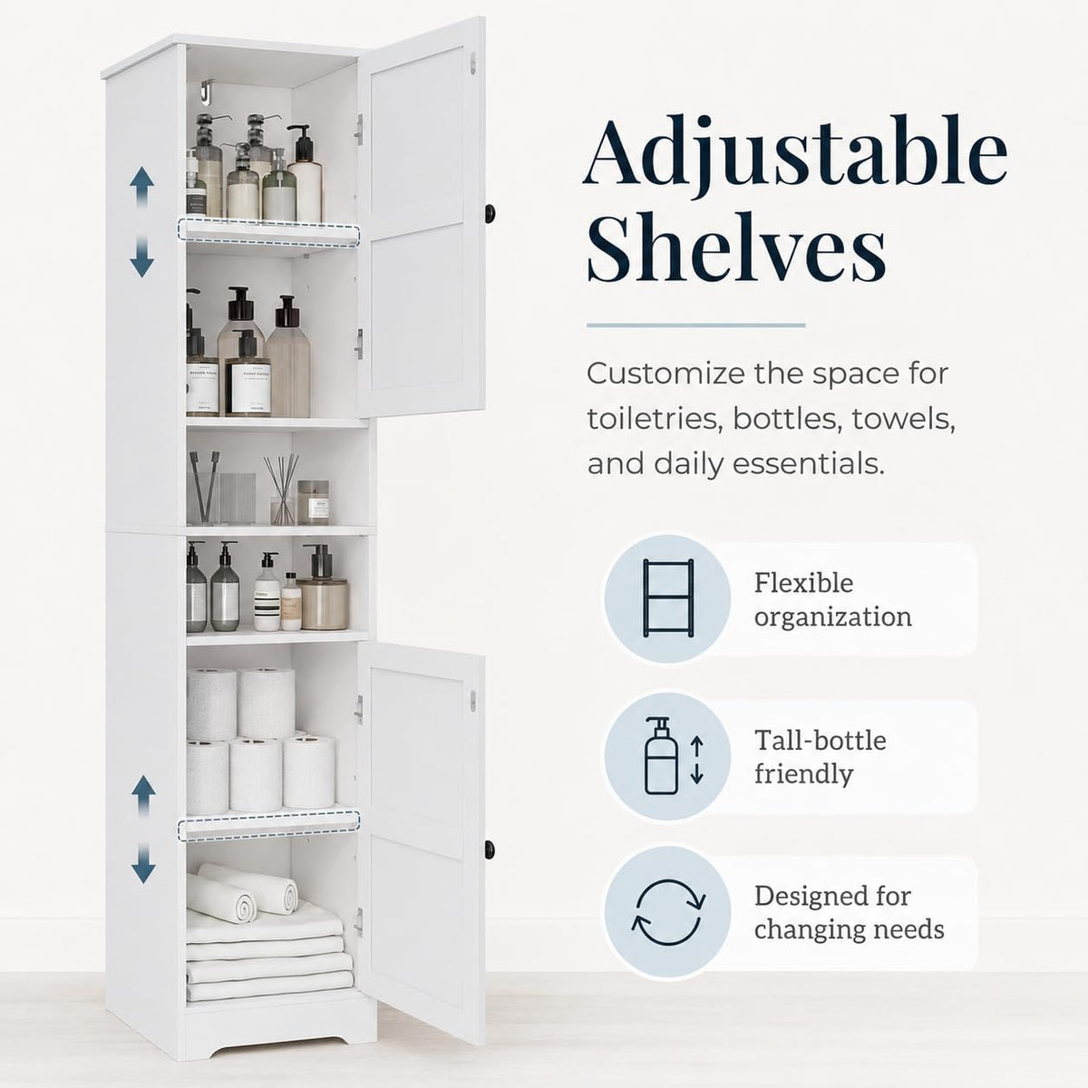 Viaozutis Tall Bathroom Storage Cabinet, Slim Freestanding Cabinet with Adjustable Shelves, Vertical Storage Organizer for Small Bathrooms, Toilet Paper & Daily Essentials Storage（White）