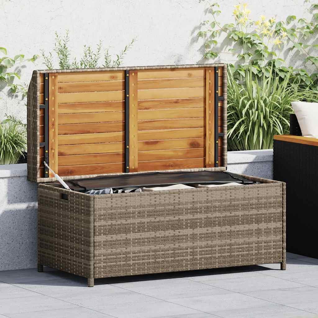 Outdoor Storage Bench with Waterproof Liner, 39.4-inch PE Rattan Garden Seat with Acacia Wood Accents, Patio Deck Box for Cushions and Gardening Supplies, Gray