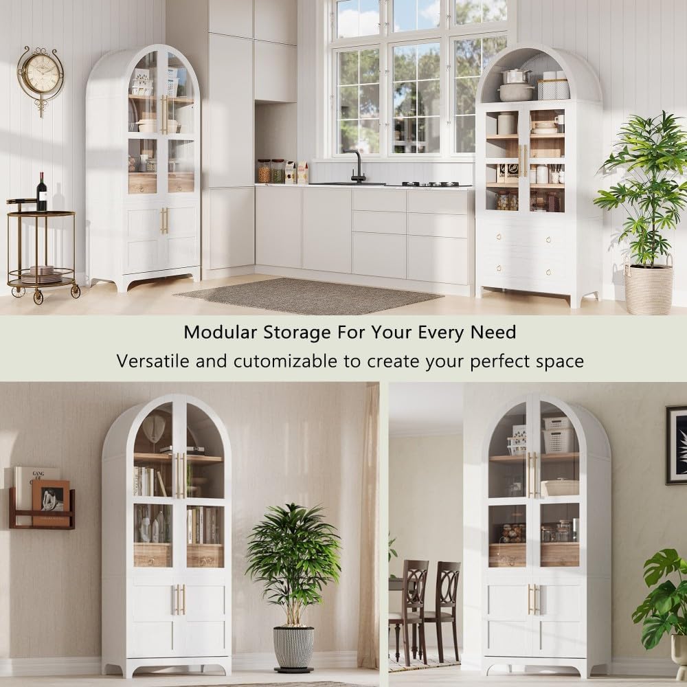 71 Inch Farmhouse Kitchen Pantry Storage Cabinet with Doors, Open Shelf, Hidden Drawer, Adjustable Shelves, Glass Door, Cupboard for Dining Room (Retro White Arched Pantry Cabinet+ MDF)