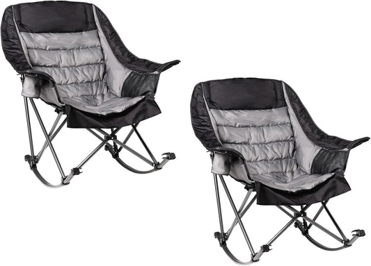 2 PCS Oversized Rocking Camping Chair for Adults - 400lbs Capacity Padded Camp Chair, Portable Foldable Outdoor Rocker Chair for Camping, Backyard, Patio (Black & Gray)