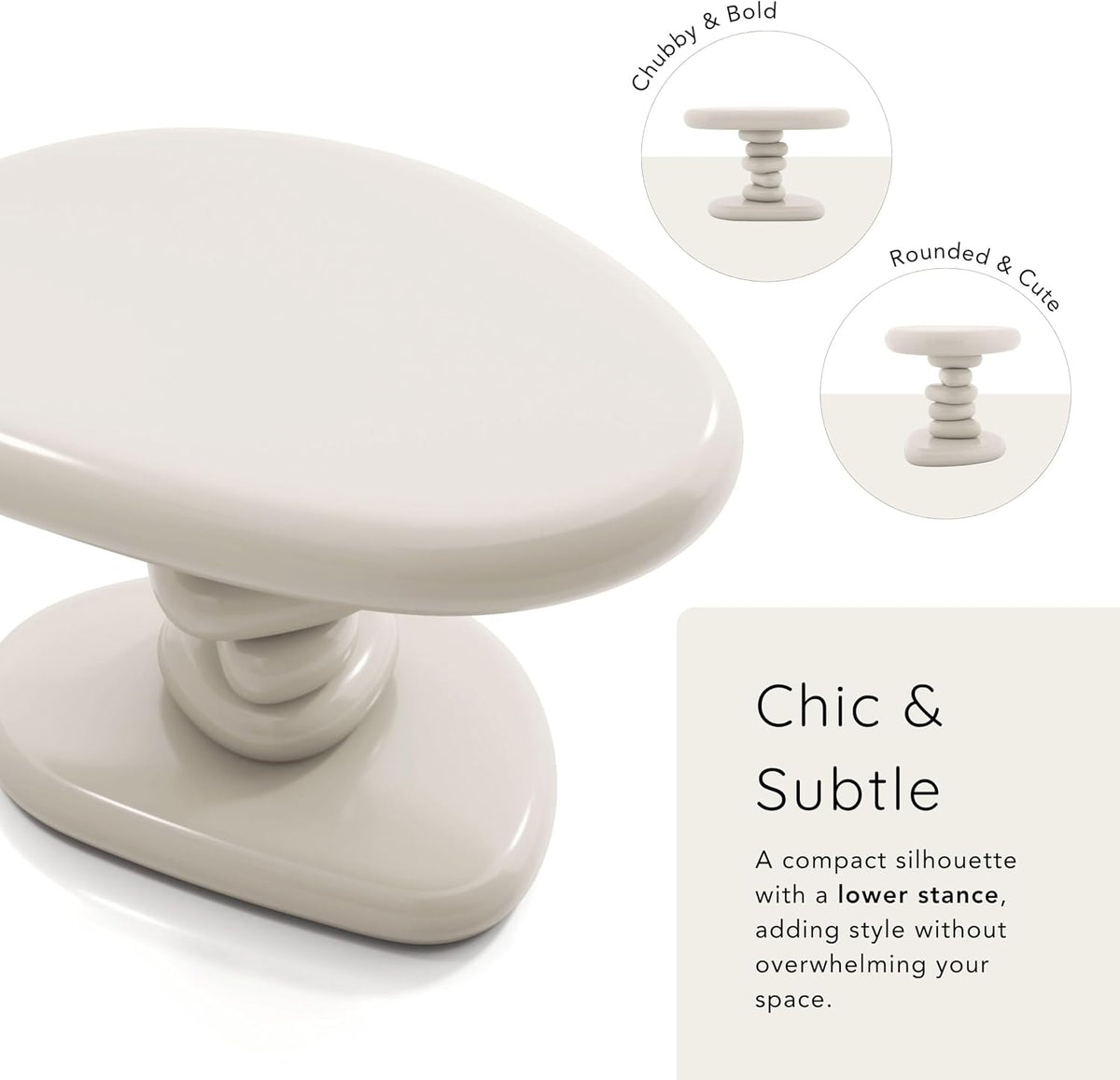 24/7 Shop at Home Kavren Modern 22-inch Oval Glossy Pedestal End Table, Stone Shape Living Room Furniture for Small Space, Ivory