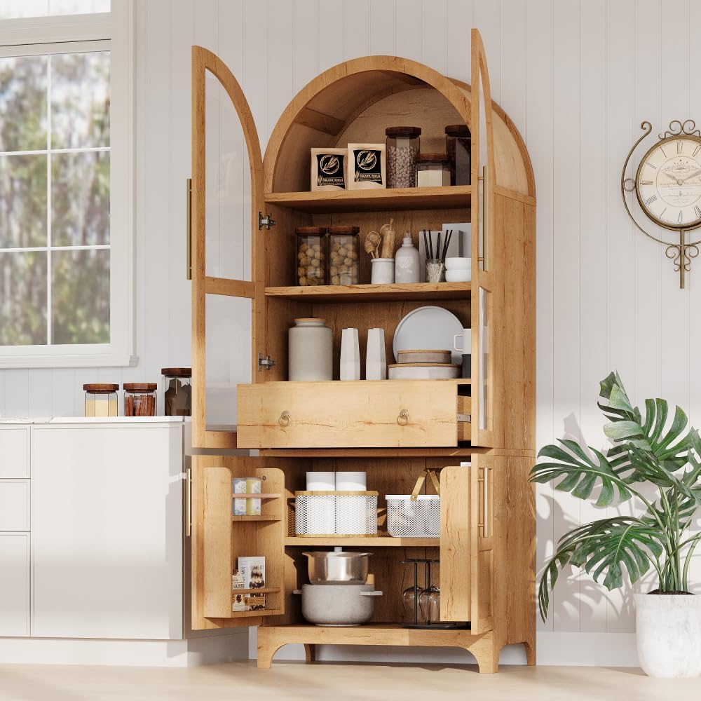71" Tall Arched Kitchen Pantry Cabinet with Glass Doors, Adjustable Shelves & Hidden Drawer, Cupboard for Kitchen, Dining Room (Natural)