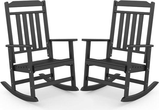 GREENVINES Classic Outdoor-Rocking-Chairs-Set-of-2, HDPE Rocker, Black | 30.3" High Back | All Weather Porch Chairs Plastic | Heavy Duty | 20.5" Wide Seat | Big & Tall | for Patio Balcony Deck