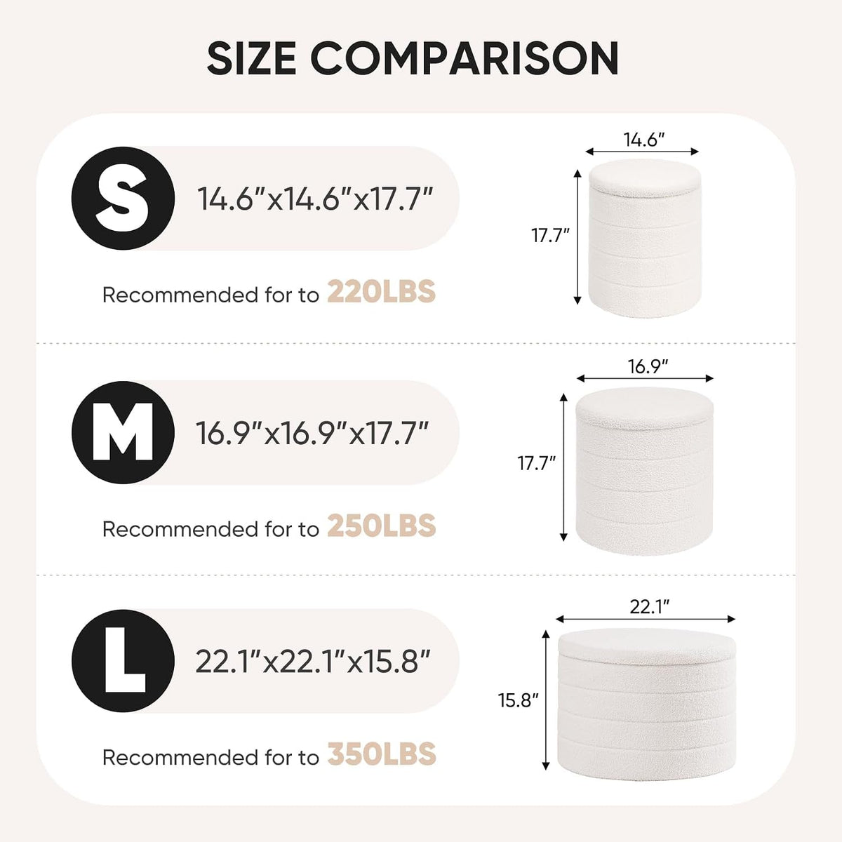 B FSOBEIIALEO Ottoman with Stroage, Round Sherpa Storage Ottoman Stool, Boucle Foot Rest 14.6"x14.6"x17.7"（Cream White