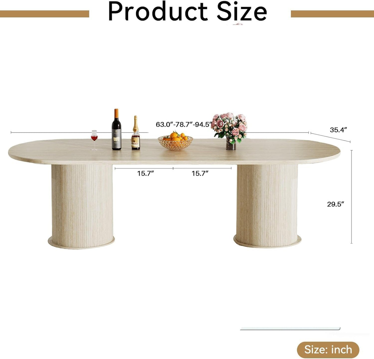 Modern Extendable Dining Table for 6-8-10,Rustic Expandable Oval Kitchen Tables,63-79-94 Inch Large Dining Table with Faux Travertine Top and Storage Pedestal Base