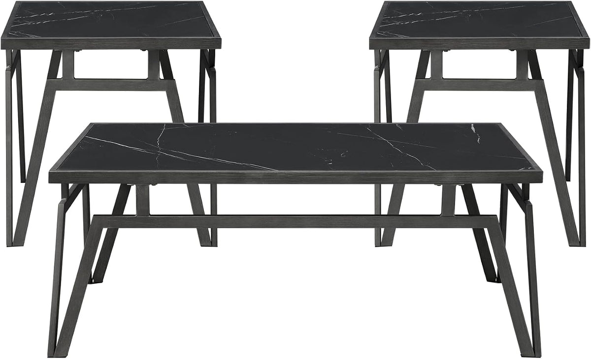 Modern Black 3pc Occasional Table Set with Sintered Stone Tops | Includes 1 cocktail table and 2 end tables with black sintered stone tops