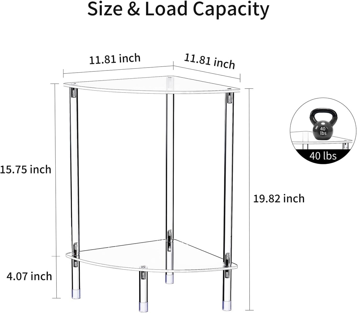 Clear Triangle Acrylic Side Table Set of 2 for Small Space, 11.81" L x 11.81" W x 19.82" H, 2-Tier Corner Shelf Stand End Table for Living Room Bedroom, Corner Rack Storage Shelf for Bathroom