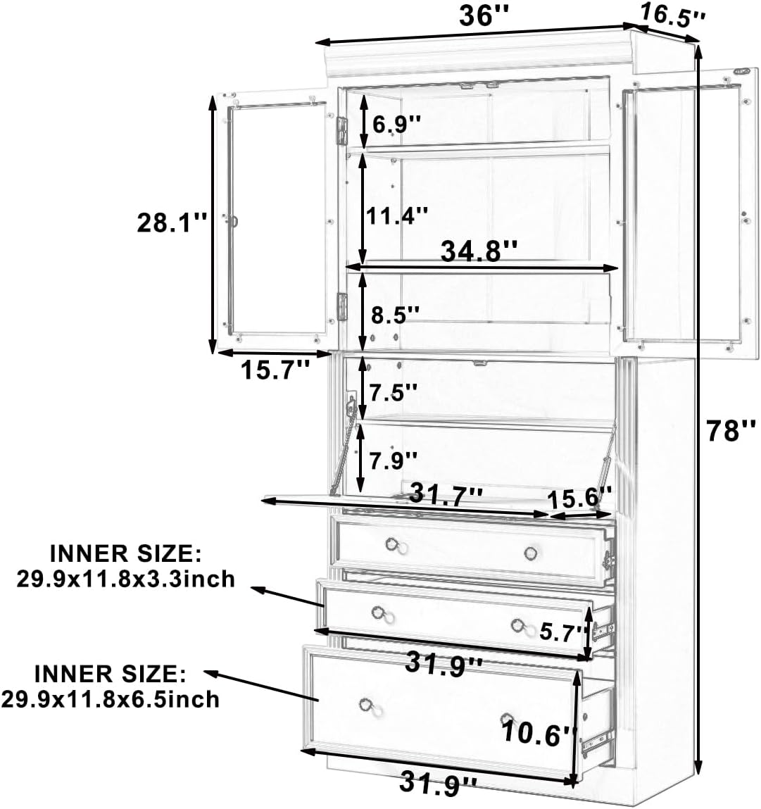 JIJIWANG 78" Tall Freestanding Kitchen Pantry Storage Cabinet,Multifunctional Cupboard with 3 Drawers,Adjustable Shelves and Power Outlet for Office, Kitchen,Dining Room,Grey