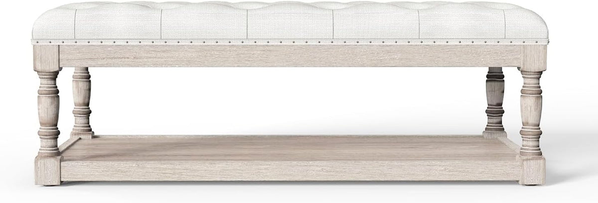 Ottoman Coffee Table, Large Rectangle Ottoman with Storage - Upholstered Cushioned Bench for Living Room, Tufted Linen Fabric with Solid Wood Shelf, Entryway Bench (Beige)