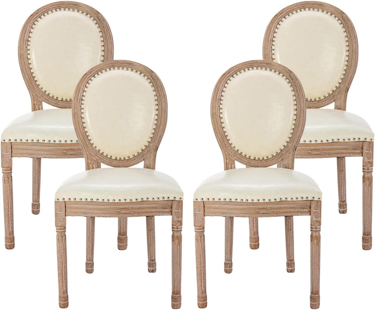 Nrizc French Country Dining Chairs Set of 4, Leather Farmhouse Dining Room Chairs with Round Back, Solid Wood Legs, Oval Side Chairs for Kitchen, Bedroom, Dining Room