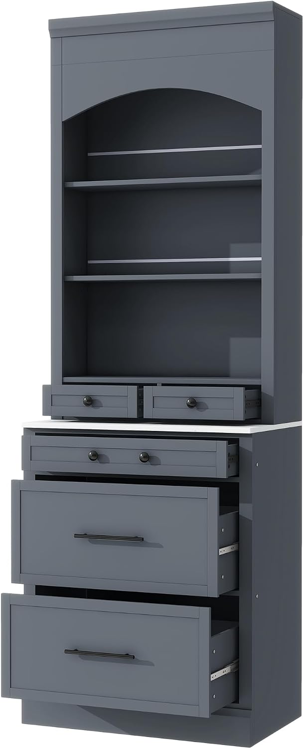 84 Inch Kitchen Pantry Cabinet with Faux Marble Top, Gray | Gray P2 MDF, kitchen or dining room, faux marble top, 5 pull-out compartments, adjustable shelf, anti-tip devices, 83.7 in H