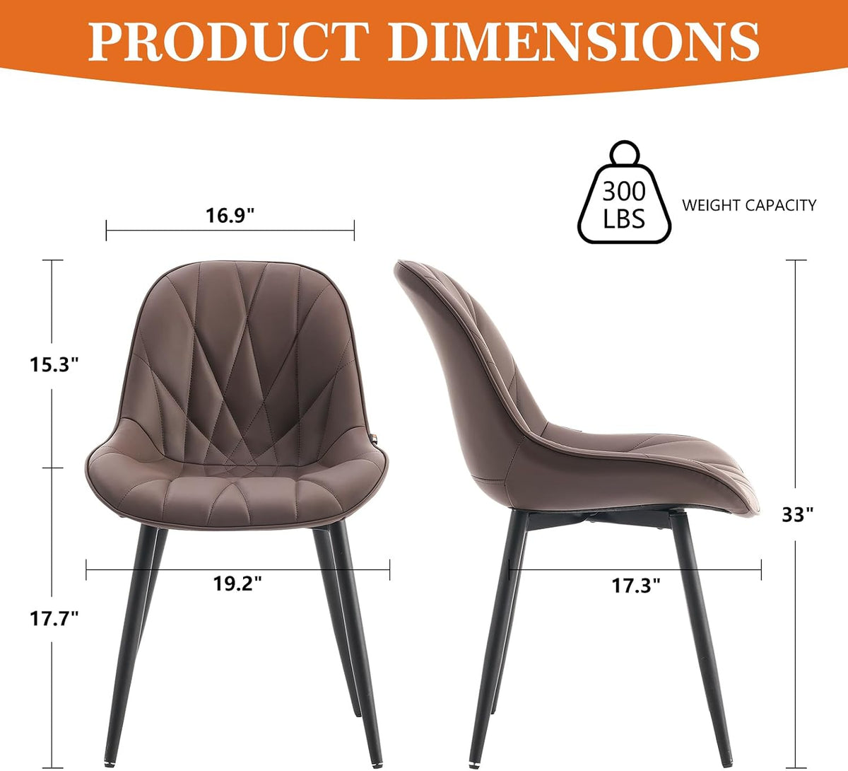 Rowill Modern Dining Chairs Set of 2 - Upholstered Faux Leather Kitchen Chairs with Soft Cushion Backrest, Sturdy Metal Legs & Non-Slip Pads, Perfectly Design for Home Dining Room, Kitchen, Brown