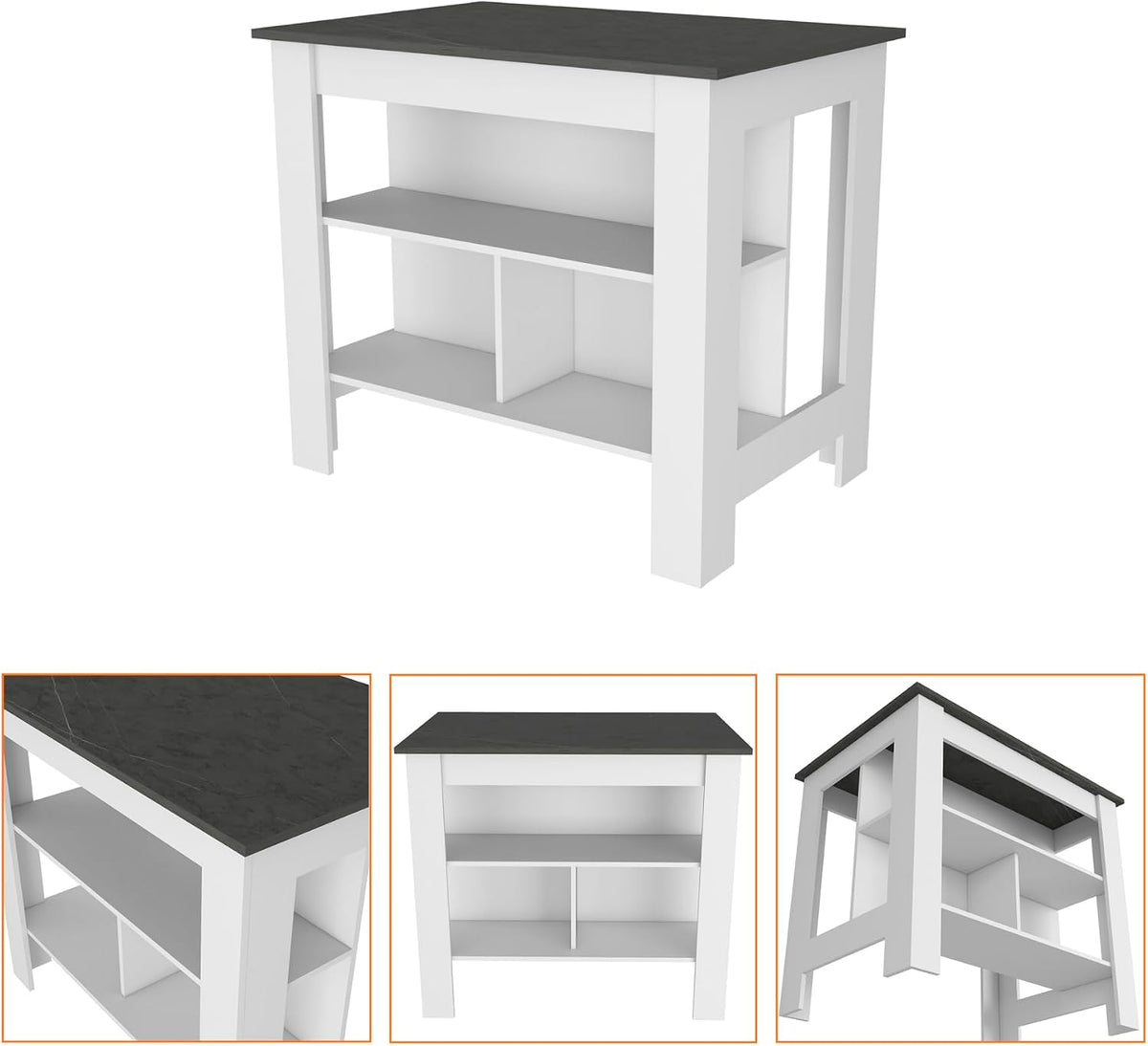 Kitchen Island with Three Shelves, White and Onyx Finish | Three storage shelves with varying dimensions for organized kitchen storage