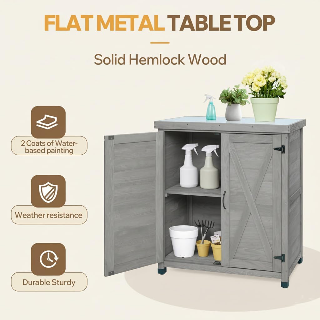 31" Weatherproof Small Storage Cabinet, Storage Cabinets with Premium Hemlock Wood, Tool Cabinet with Magnetic Door for Patio & Garage, Gray