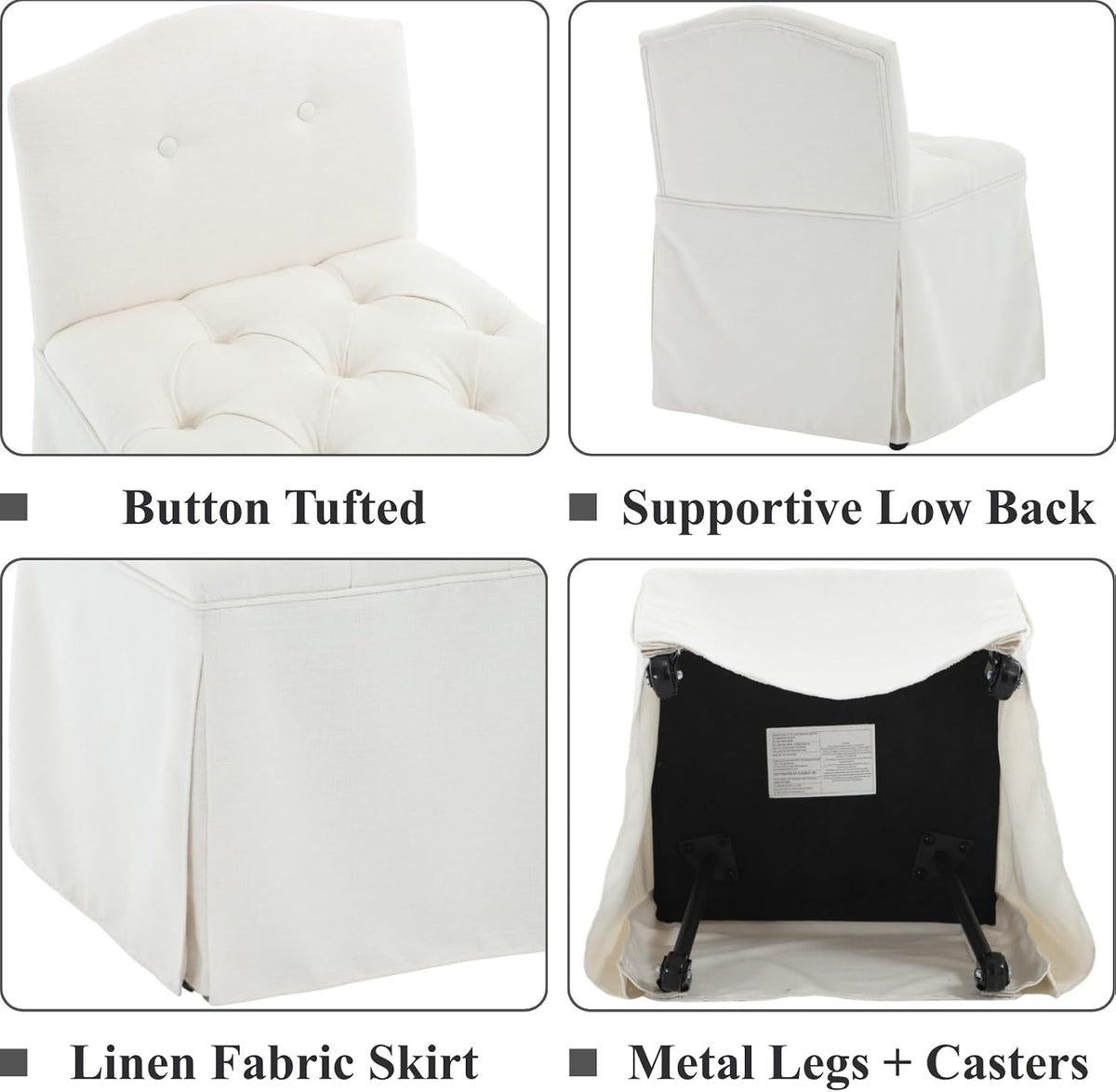 White Tufted Makeup Vanity Chair with Wheels, Small Upholstered Skirted Slipper Accent Chair with Low Back & Metal Legs, Armless Rolling Vanity Stool Desk Chair for Living Room Bedroom