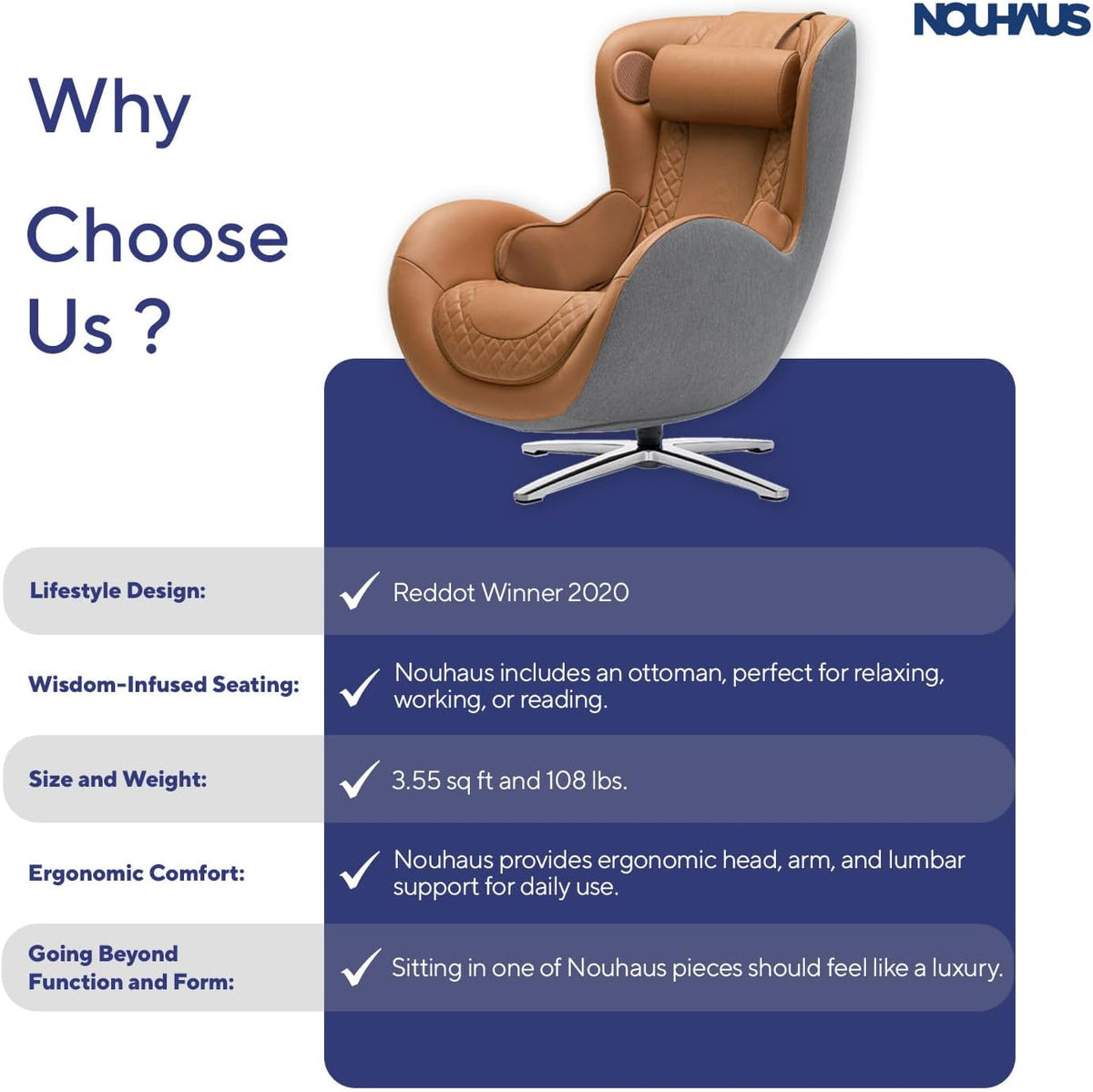 NOUHAUS Heated Classic Massage Chair Full Body and Spot Massaging Recliner with Ottoman, Bluetooth Speaker, in-Chair Charger. Portable Shiatsu Body Massager Chair (Caramel, Leather)