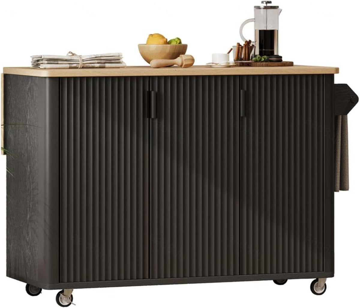 Moveable Kitchen Island with Drop Leaf with Storage and Dining Table, Kitchen Island with Wheels with Wheels Towel Rack， for Kitchen, Dining Room, Black