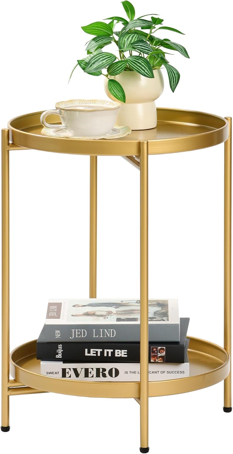 2-Tier Round End Side Table, Small Metal Side Table with Removable Tray, Folding Accent Tables for Living Room, Balcony, Nightstand for Bedroom, Outdoor Tables for Patio, Gold