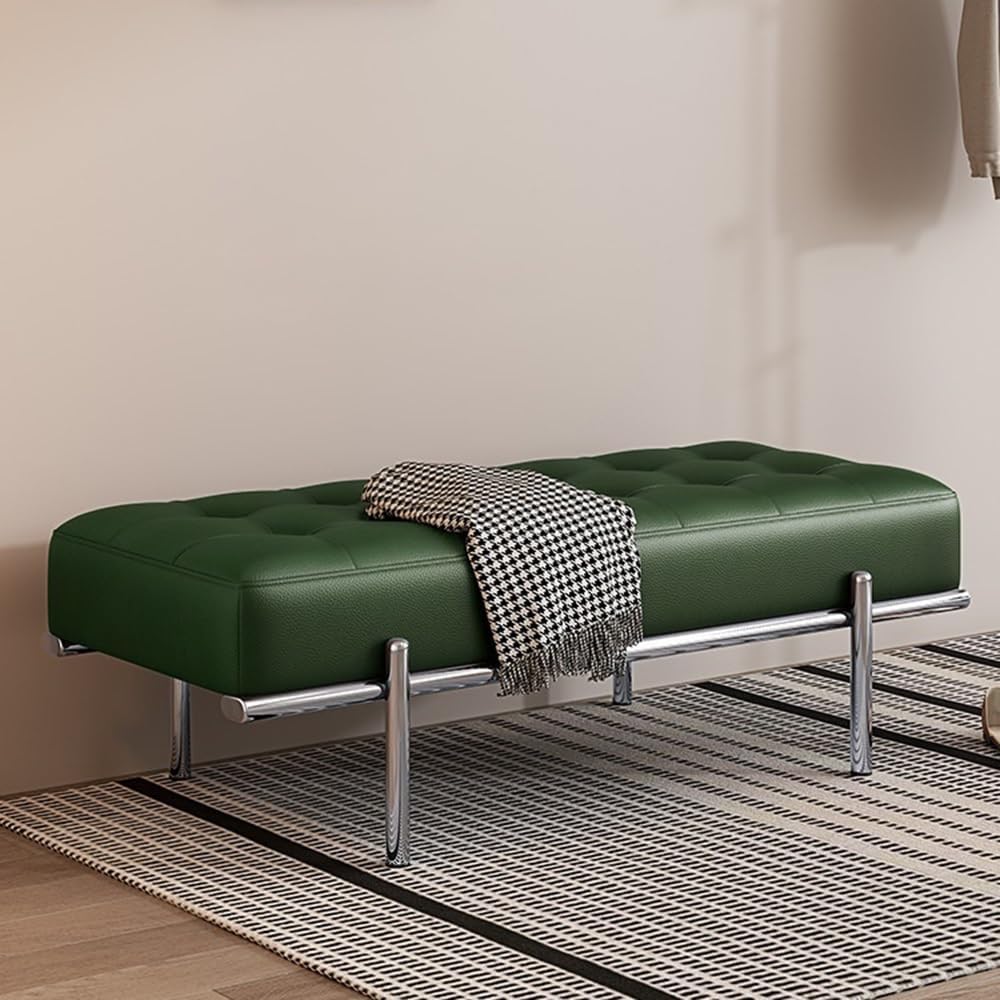 Modern Bed End Stool Shoe-Changing Bench Stainless Steel Long Leather Minimalist Bedside Entryway(Green,Small)