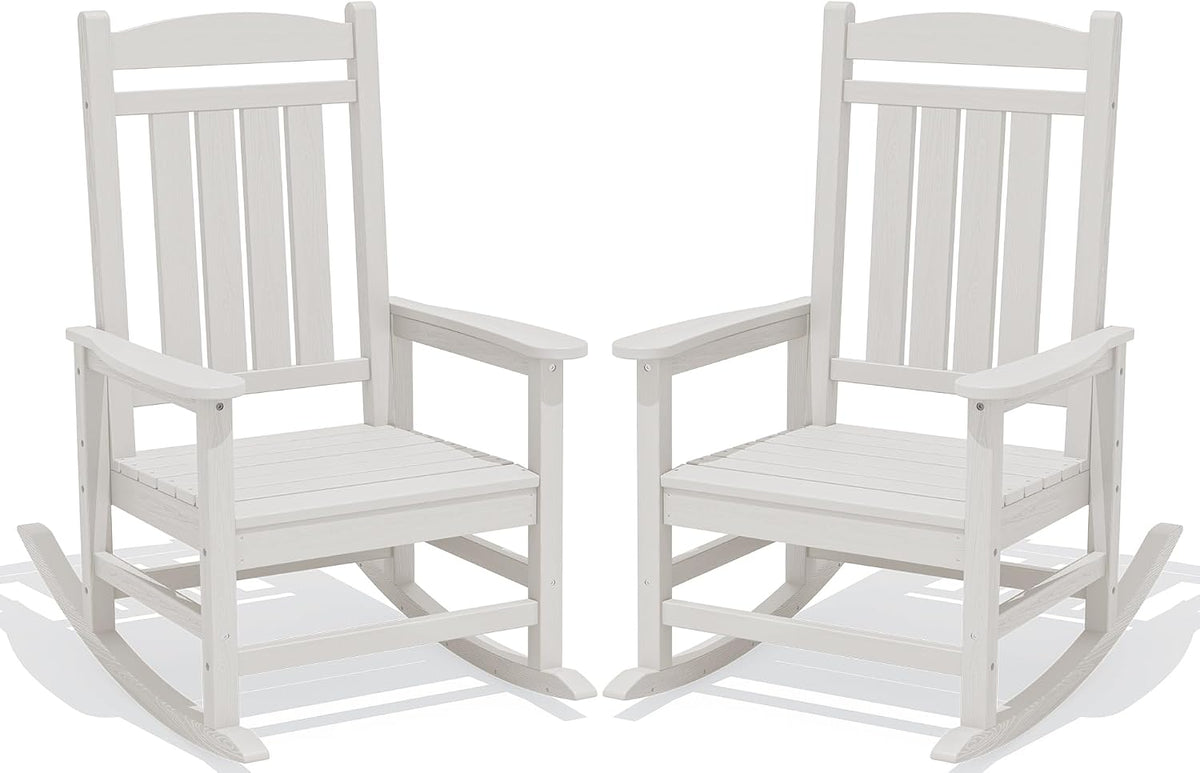 KINGYES Oversized Outdoor Rocking Chairs Set of 2, HDPE Porch Rocker, White | - Rocking Chairs for Outdoor with Wide Seat - 350LBS Support for Adults