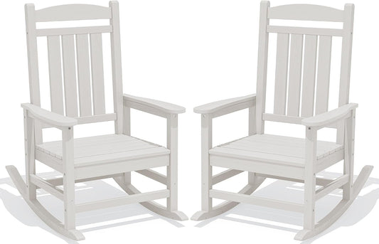 KINGYES Oversized Outdoor Rocking Chairs Set of 2, HDPE Porch Rocker, White | - Rocking Chairs for Outdoor with Wide Seat - 350LBS Support for Adults