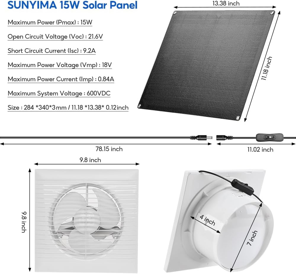 SUNYIMA Solar Powered Exhaust Fan, 15W Weatherproof Solar Panel with 8 Inch Solar Exhaust Fan for Shed Ventilation, Small Chicken Coops, Greenhouses, Pet Houses, Window Exhaust, Garage
