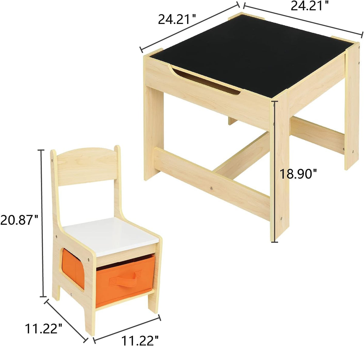 Bonnlo Kids Table and Chair Set with 2 Chairs, 3-in-1 Wooden Table, Reversible Whiteboard and Chalkboard, Hidden Storage, Fabric Chair Storage Bins, Activity Table for Arts, Crafts, Reading (Natural)