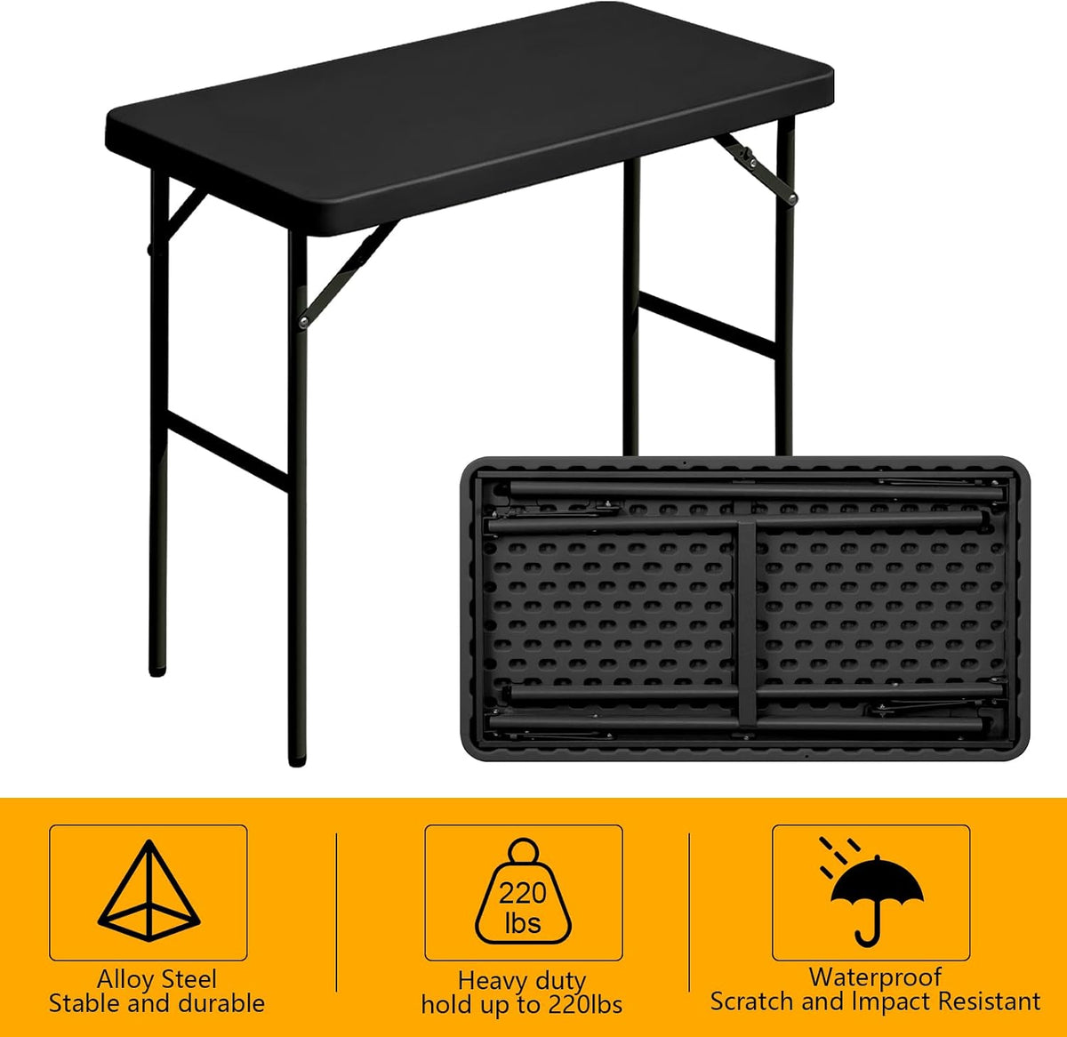 Folding Table 2.7ft Rectangular All-Occasion Plastic Folding Event Table for Indoor and Outdoor, Portable Desk, Camping, Durable and Stable, HDPE and Steel, Wide Application, Black