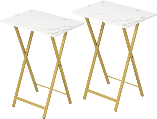 HOOBRO Folding TV Tray Tables, Set of 2 Side Table for Small Space, Industrial Snack Tables for Eating at Couch, Stable Metal Frame, Easy Assembly, Space Saving, Marble and Gold DM25BZ01
