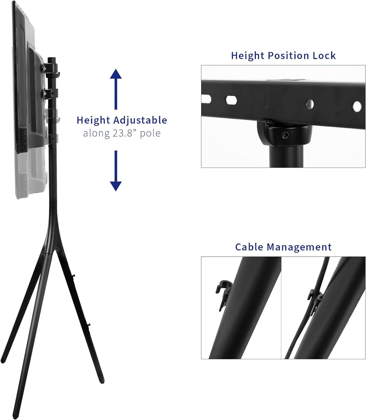 VIVO Black Easel TV Stand for 45 to 65 inch Screens, STAND-TV65AB | Articulating Artistic Studio Display Stand, Adjustable TV Mount with Swivel, Tripod Base, Max VESA 600x400, Holds 77 lbs