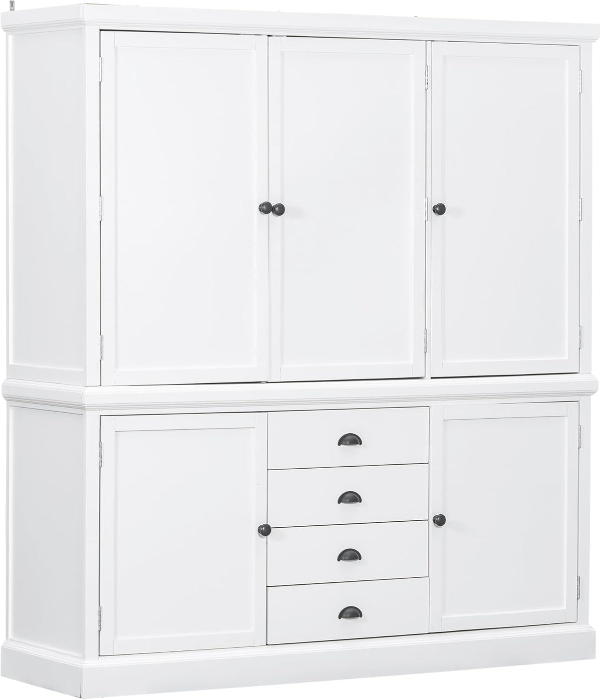 VilroCaz Freestanding Large Kitchen Pantry, Wooden Kitchen Organizers and Storage Kitchen Cabinet with 4 Drawers, Cupboard, 5 Doors, Adjustable Shelves for Dining Room (White-3.15)